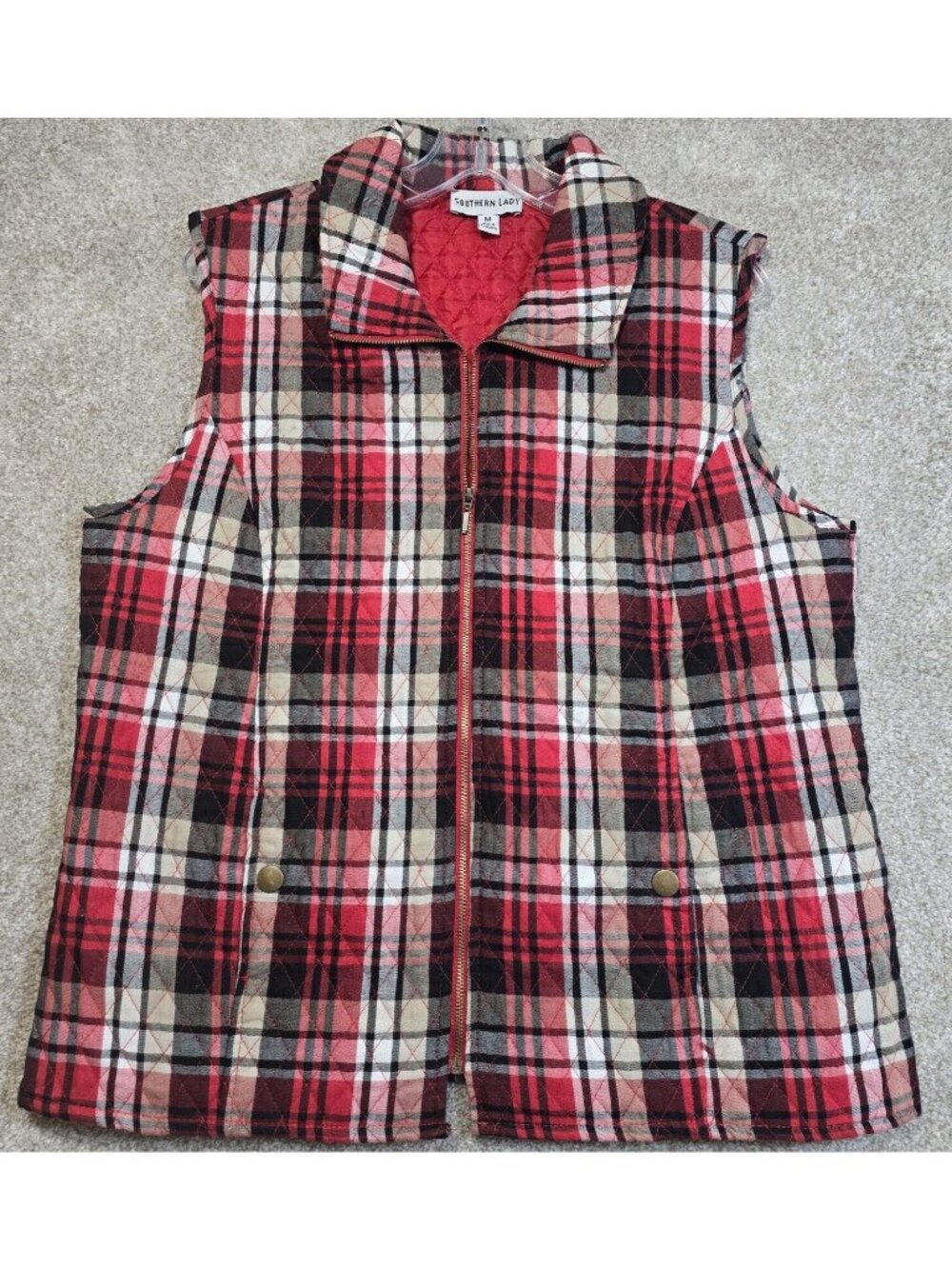 Southern Lady Full Zip Quilted Red Plaid Pockets Lined Vest Jacket Women's M